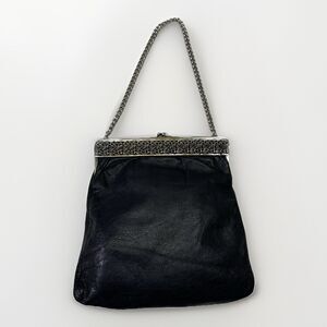 Vintage Black Leather Kisslock Evening Bag w/ Ornate Silver Tone Frame & Chain